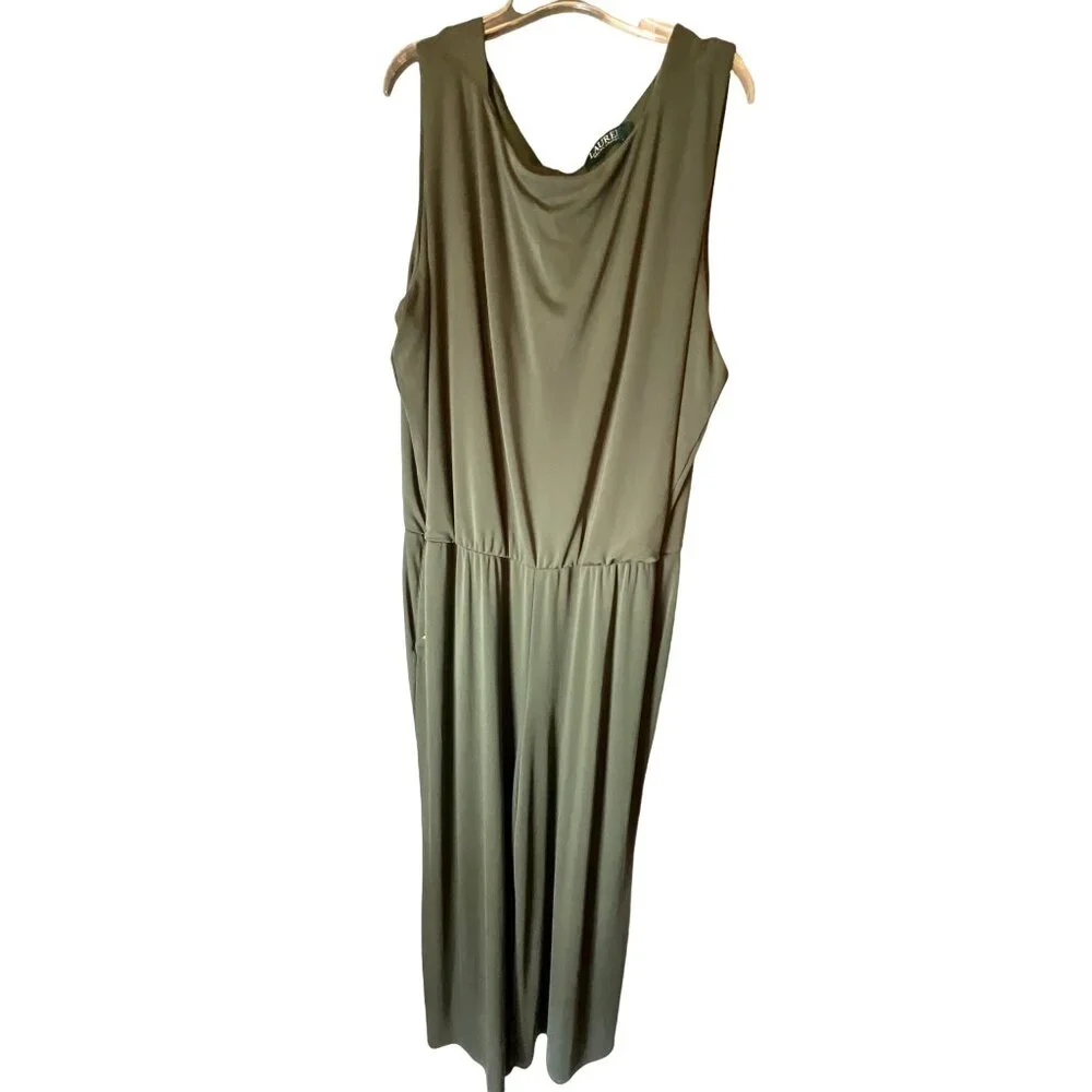 Lauren Ralph Lauren Parthenia Womens Plus Size 3X Olive Green Sleeveless Jumpsui